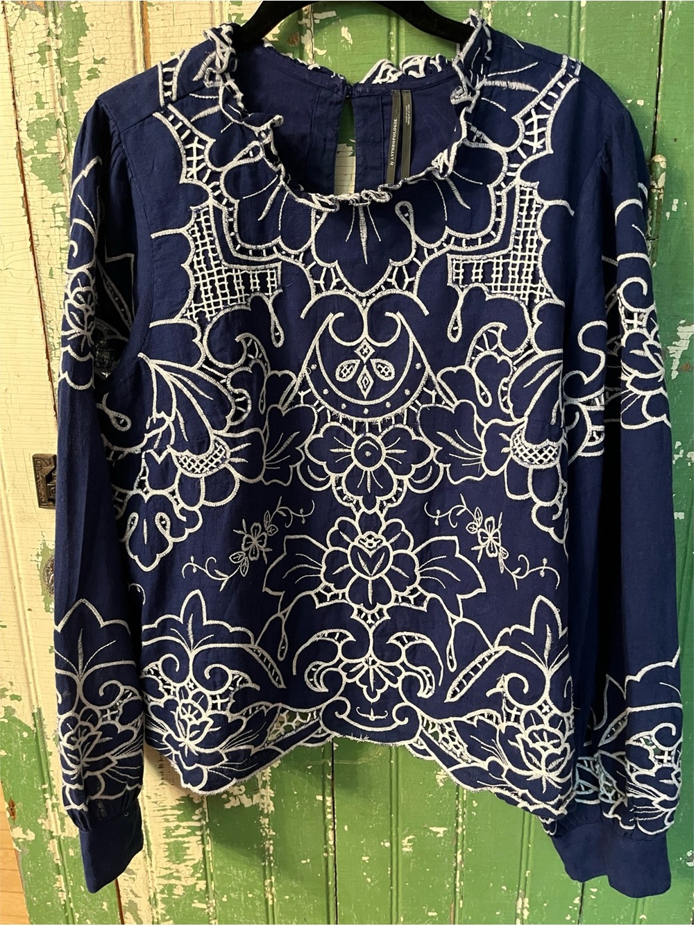 Anthropologie Blue Embroidered Womens Blouse Top